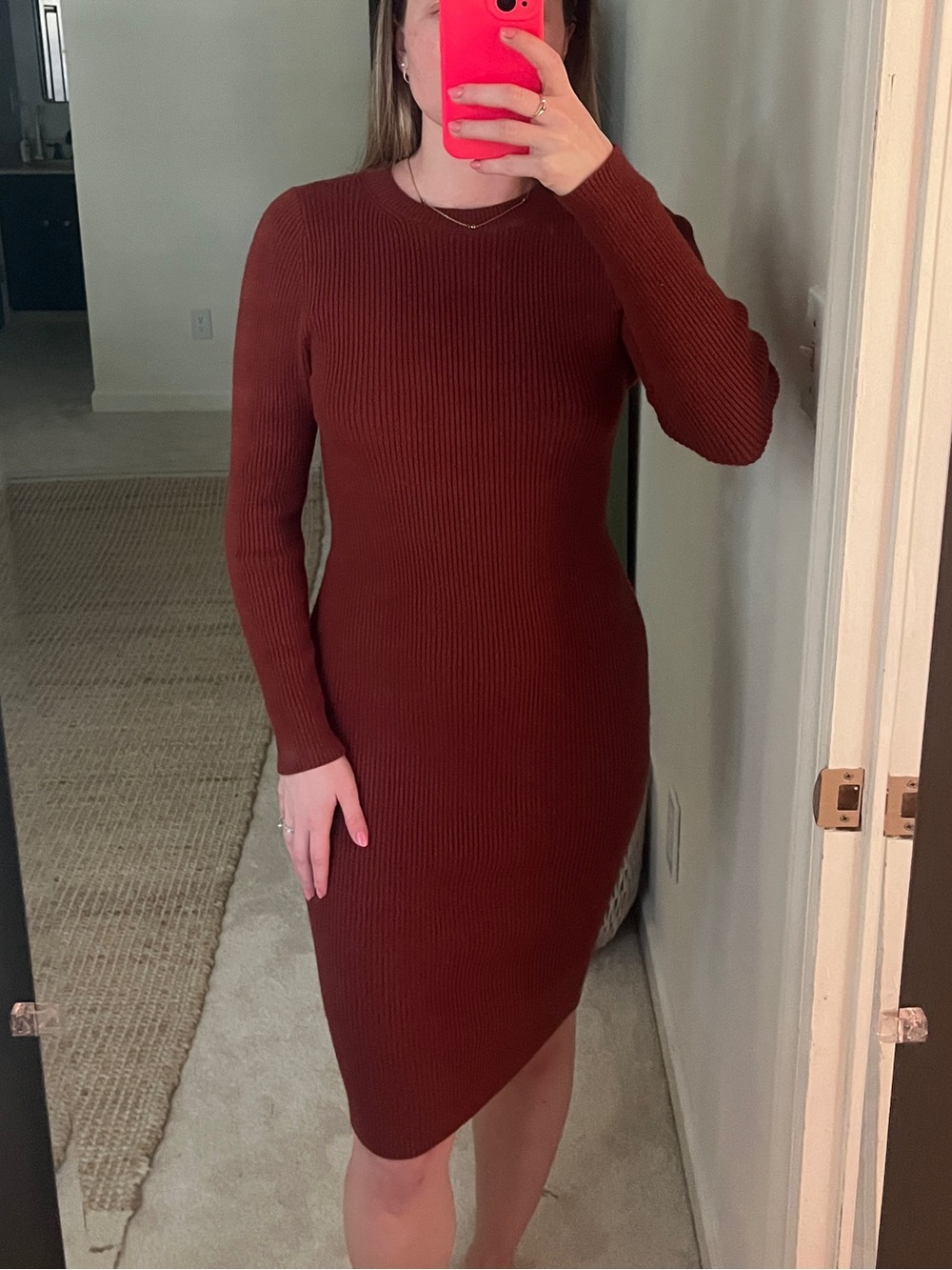 Nine West Ribbed Long-Sleeve Midi Dress in Deep Brown